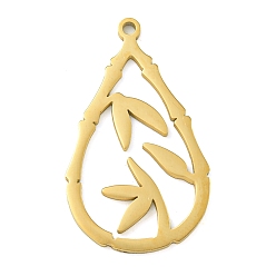 Золотой 304 подвески из нержавеющей стали, лазерная резка, подвеска в виде капли с листьями бамбука, золотые, 30x17.5x1 мм, отверстие : 1.5 мм