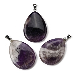 Аметист Подвески из натурального аметиста , Подвески в форме капли с 304 защелкивающимися креплениями из нержавеющей стали, цвет нержавеющей стали, 43.5~45x29.5~30.5x6~7.5 мм, отверстие : 7.5x4.5 мм