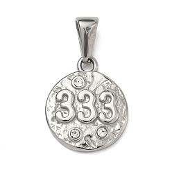 Нержавеющая Сталь Цвет Текстурированные 304 подвески из нержавеющей стали, плоский круглый с подвеской в виде цифры 3, со стразами, цвет нержавеющей стали, 18x15x3 мм, отверстие : 7x3.7 мм