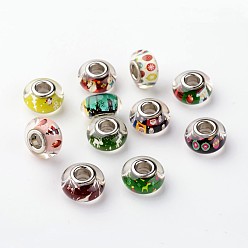 (52) Непрозрачная лаванда Большое отверстие Rondelle смолы европейские шарики, с латунными двойными ядрами, платиновый оттенок, Рождество, разноцветные, 14x8 мм, отверстие : 5 мм