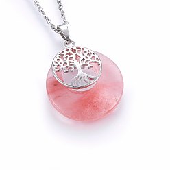 Стеклянный Камень Арбуза Кулон из вишневого кварца, с 304 фурнитурой из нержавеющей стали, плоские круглые с деревом, 19.68 дюйм (50 см), Кулон : 40x28x6 мм