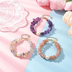 Mixed Stone 3Pcs Natural Fluorite & Sunstone & Amethyst Chip Beaded Bracelets for Women, with Shell Pearl, 7-3/4 inch(19.7cm)