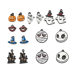 Mixed Color Alloy Enamel Pendants, for Halloween, Pumpkin Hat Castle & Fangs Mouth & Tiny Pumpkin & Magic hat & Little Ghost & Mummy & Skull, Mixed Color, 13x15x2mm, Hole: 1mm, 16pcs/set