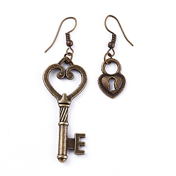Antique Bronze Tibetan Style Alloy Dangle Earrings, Asymmetrical Earrings, with Brass Earring Hooks, Lock and key, Antique Bronze, 40mm and 41mm, Pin: 0.5mm