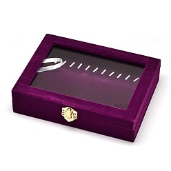 Purple Wooden Rectangle Jewelry Boxes, Covered with Velvet, with Glass and Iron Clasps, Purple, 20x15.7x4.7cm