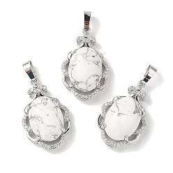 Говлит Овальные подвески из натурального говлита, подвески в форме цветка из латуни платинового цвета с микропаве и прозрачным фианитом, долговечный, без свинца и без кадмия, 30x19x10 мм, отверстие : 7.8x5 мм