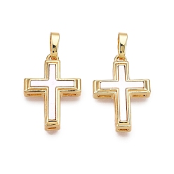 Настоящее золото 18K Подвески из латуни и ракушек, крест прелести, реальный 18 k позолоченный, 21x14.5x4 мм, отверстие : 6x3.5 мм