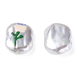 Antique White ABS Plastic Imitation Pearl Beads, with Enamel, Oval with Flower, Antique White, 21x15x7mm, Hole: 1.2mm