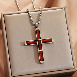 Красный Агат 304 Подвеска в виде креста из нержавеющей стали с натуральным сердоликом, религиозная подвеска., цвет нержавеющей стали, 21.65 дюйм (55 см)