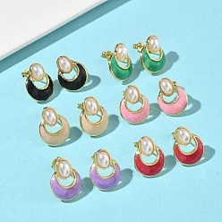 (52) Непрозрачная лаванда Овальные серьги-гвоздики с плоскими круглыми латунными эмалированными элементами, с пластмассовой жемчужиной abs, стойки покрытие, без кадмия и без свинца, долговечный, золотые, разноцветные, 17x13.5 мм