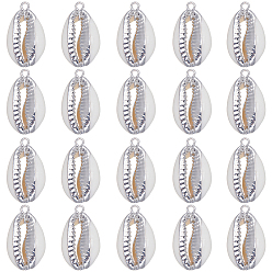Платина 20шт. подвески из натуральной ракушки каури с гальваническим покрытием, оберег из ракушек с железной фурнитурой, платина, 18~24x10~14x6~7 мм, отверстие : 1.5 мм