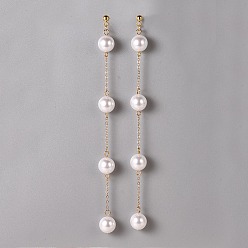 Golden Dangle Earrings, with Plastic Imitation Pearl Beads, Brass Cable Chains and 304 Stainless Steel Stud Earring Findings, Golden, 130mm, Pin: 0.7mm