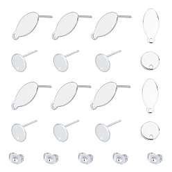 Silver 304 Stainless Steel Stud Earring Findings, Flat Plate and Ear Nuts, Oval & Flat Round, Silver, Stud Earring Findings: 40pcs/box, Ear Nuts: 40pcs