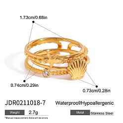 Shell Shape 3шт. 316 Кольца для пальцев из хирургической нержавеющей стали с прозрачными кубическими циркониями для женщин, золотые, формы раковины, размер США 7 (17.3 мм)