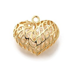 Настоящее золото 18K Латунь с кубическим цирконием подвеской, без кадмия, без никеля и без свинца, полые прелести сердца, реальный 18 k позолоченный, 20x23x12 мм, отверстие : 2 мм