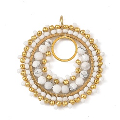 White 304 Stainless Steel & Brass & Natural Howlite & TOHO Glass Seed Beaded Pendants, Flat Round Charms, with Open Jump Rings, White, 36x35x3.5mm, Hole: 2.5mm