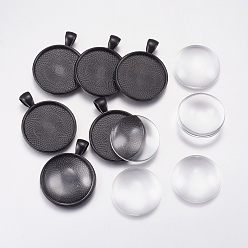 Черный Цвет Металла Поделки кулон решений, с тибетским стилем сплава подвески кабошон настройки и прозрачные стеклянные кабошоны, плоско-круглые, металлический черный , Кулон : 36x28x3 мм, отверстие: 4x7 мм, кабошон: 25x6 мм, 2 шт / комплект