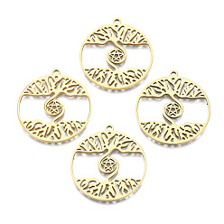Echt 18 k vergoldet 201 Anhänger aus Edelstahl, ionenplattiert (IP), flach rund mit Stern & Baum, echt 18 k vergoldet, 32x30x2 mm, Bohrung: 1.8 mm