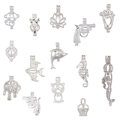 Silver Alloy & Brass Locket Pendants, Mixed Shapes, Silver, 14pcs/box