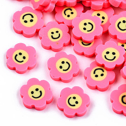 Hot Pink Handmade Polymer Clay Cabochons, Polymer Clay Slices for Resin Crafts & DIY Projects, Flower with Smile, Hot Pink, 9~10x9.5~10.5x2mm, about 5750pcs/1000g