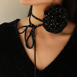 Black Polka Dot Pattern Fabric Rose Tie Choker Necklaces for Women, Adjustable Jewelry for Birthday Wedding Party, Black, 56.69~56.89inch(144~144.5cm), 6mm