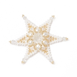 White Seed Beads Beaded Charms, Star Pendants, with Glass Pearl Beads, White, 64x64x6mm