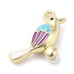 Purple Alloy Enamel Pendants, with Acrylic Imitation Pearls, Golden, Bird Charm, Purple, 18x20x8mm, Hole: 1.8mm