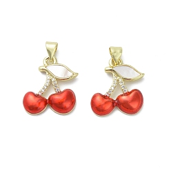 Настоящее золото 18K Латунные микро проложить кубического циркония подвески, вишня, С оболочкой и эмалью, реальный 18 k позолоченный, 19x16.5x4 мм, отверстие : 3.5x4 мм