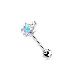 Звезда 304 Прямые кольца для языка из нержавеющей стали с инкрустацией кубическим цирконием, цвет нержавеющей стали, голубой, звезда, штифты : 1.6 мм, Руководитель: 5 mm, длина стержня: 5/8"(16мм)