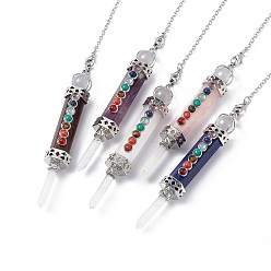 Смешанные камни Биолокационные маятники с заострением из смешанных драгоценных камней, шарм пули, с латунной цепи и омаров коготь застежками, наконечник из натурального кварца, кабошоны из драгоценных камней и стекла, 272 мм, отверстие : 2 мм