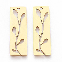 Золотой 201 подвески из нержавеющей стали, Прямоугольник с листа, золотые, 28x9x1 мм, отверстие : 1.4 мм