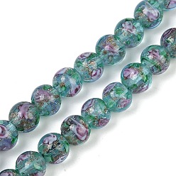 Бледно-бирюзовый Нити бусин лампворк из песочного золота ручной работы, круглая с цветком, бледные бирюзовая, 10 мм, отверстие : 1 мм, около 40 шт / нитка, 14.96'' (38 см)