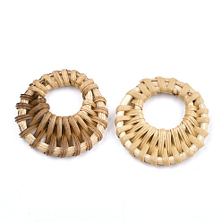 BurlyWood Handmade Reed Cane/Rattan Woven Pendants, For Making Straw Earrings and Necklaces, Flat Round, BurlyWood, 38~48x5mm, Hole: 16~20mm