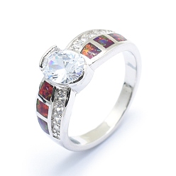 Platin Farbe Zirkonia Fingerringe, mit synthetischen Opal- und Messingbefunden, langlebig überzogen, ellipsenförmige, Größe 7, Transparent, Platin Farbe, 17.5 mm