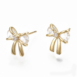 Настоящее золото 18K Латунь серьги, с четким кубического циркония, без никеля , бантом, реальный 18 k позолоченный, 9.5x9.5 мм, штифты : 0.7 мм