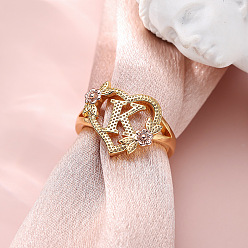 Letter K Сердце с цветком полые латунные перстни, золотой и розовое золото, Письмо K, внутренний диаметр: 17 мм