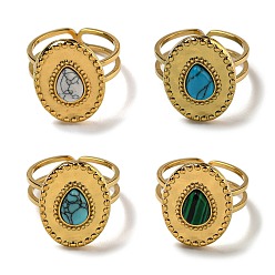 Настоящее золото 18K Ионное покрытие (ip) овальные с каплевидным вырезом 304 открытые манжетные кольца из нержавеющей стали, кольца на палец из синтетического малахита и бирюзы для женщин и мужчин, реальный 18 k позолоченный, размер США 6 (16.5 мм)