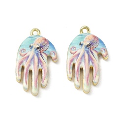 Colorful Printed Brass Pendants, Palm with Octopus Charms, Cadmium Free & Lead Free, Golden, Colorful, 25x15x4mm, Hole: 1.6mm