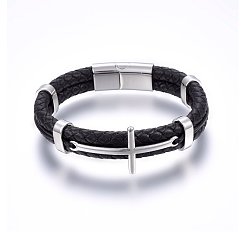 Couleur Acier Inoxydable  Bracelets de cordon en cuir, avec 304 acier inoxydable fermoir magnétique, croix, couleur inox, 8-5/8 pouce (22 cm), 12~22x6~8.5mm