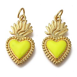 Yellow Golden Tone Brass Enamel Pendants, with Jump Rings, Long-Lasting Plated, Heart, Yellow, 22x12x3mm, Hole: 3.5mm