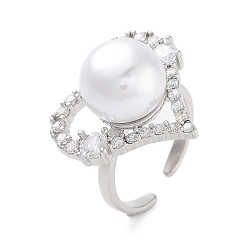 Платина Открытое кольцо-манжета из латуни с микро-паве в виде сердца для женщин с кубическим цирконием, без кадмия и без свинца, с абс пластмассовыми шариками, платина, регулируемый