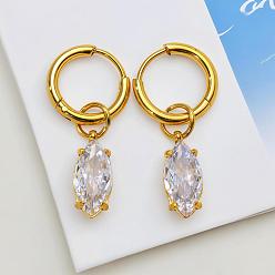 Золотой 304 серьги-кольца из нержавеющей стали с прозрачным кубическим цирконием, лошадиный глаз , золотые, 21.2 мм