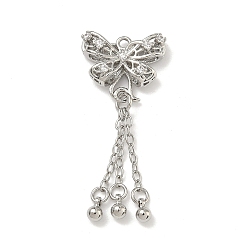 Платина Латунные микропаве прозрачные подвески с фианитом, без кадмия и без свинца, стойки покрытие, долговечный, подвески в виде бабочки с кисточкой, платина, 38x16x5 мм, отверстие : 1.4 мм