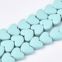 Aqua Spray Painted Non-magnetic Synthetic Hematite Beads Strands, Heart, Aqua, 5x6x3mm, Hole: 0.5mm, about 75pcs/strand, 15.7 inch
