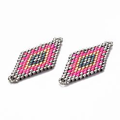 Hot Pink MIYUKI & TOHO Handmade Japanese Seed Beads Links, Loom Pattern, Rhombus, Hot Pink, 43~44.1x19.4~20.2x1.6~1.8mm, Hole: 1.6~1.8mm