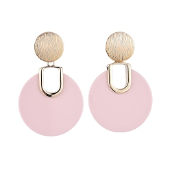 Pink Opaque Acrylic Stud Earrings, with Brass Findings and Ear Nuts, Flat Round, Pink, 51mm, Pin: 0.8mm