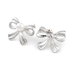 Stainless Steel Color 304 Stainless Steel Stud Earrings, with ABS Imitation Pearl, Bowknot, Stainless Steel Color, 22x28mm