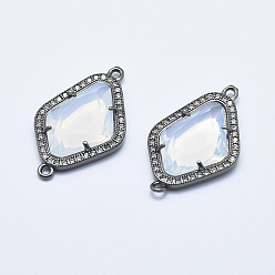 Floral White Brass Micro Pave Cubic Zirconia Links, with Glass, Faceted, Rhombus, Gunmetal, Floral White, 33x20x5mm, Hole: 1.6mm