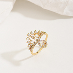 Золотой Кольца для женщин с микропаве из латуни и кубическими цирконами, цветок и слеза, золотые, 19 мм, размер США 7 (17.3 мм)