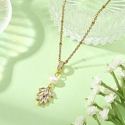 Clear Brass Pave Cubic Zirconia Leaf Pendant 304 Stainless Steel Satellite Chain Necklaces for Women, Golden, Clear, 17.80 inch(45.2cm)